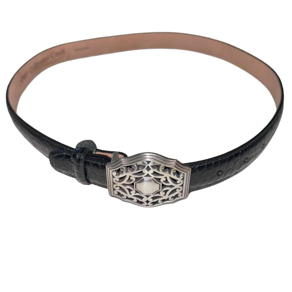 Vintage Black Leather Belt with Silver-Toned Metal Scrollwork Buckle